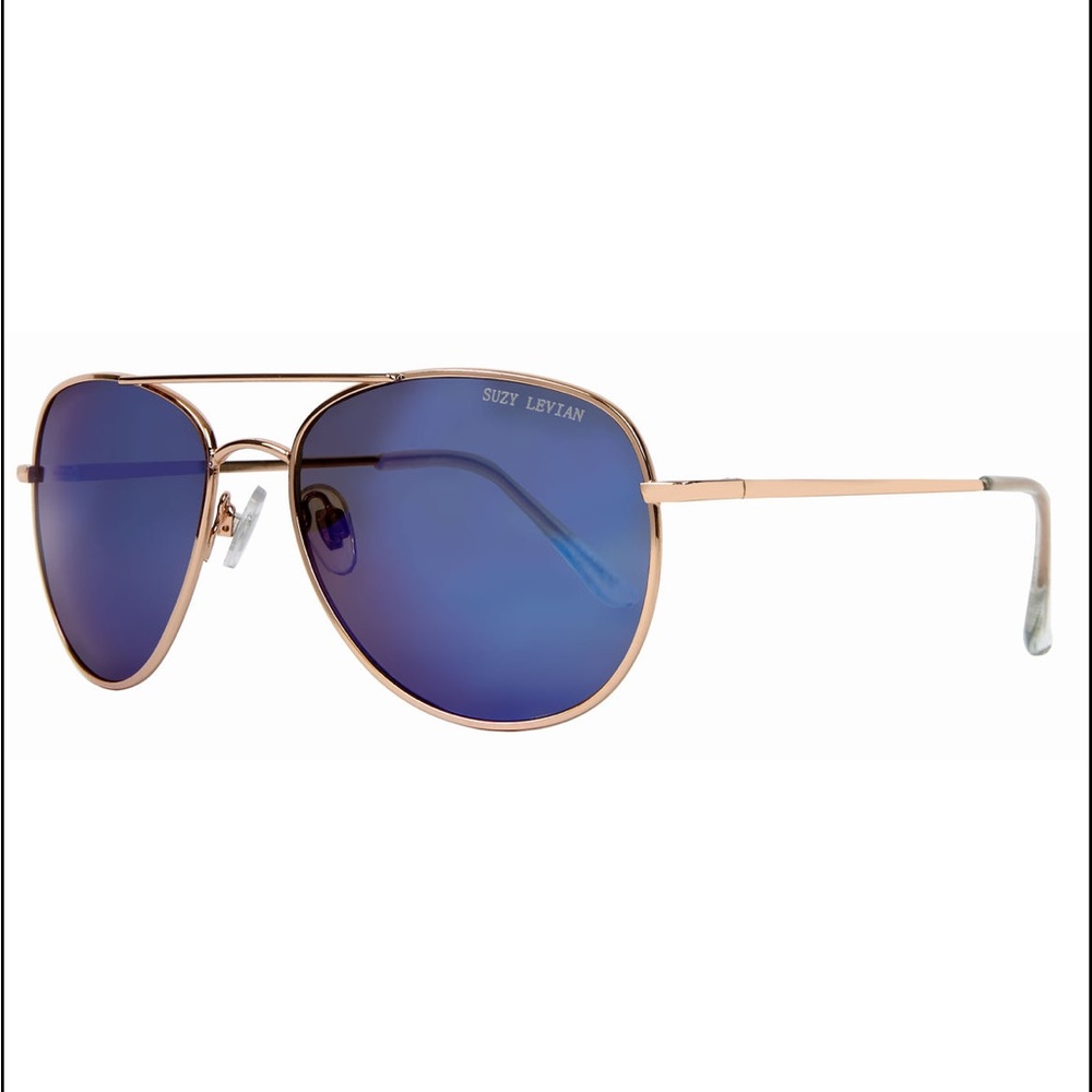Women’s Susie Levian blue reflective aviator gold frame sunglasses